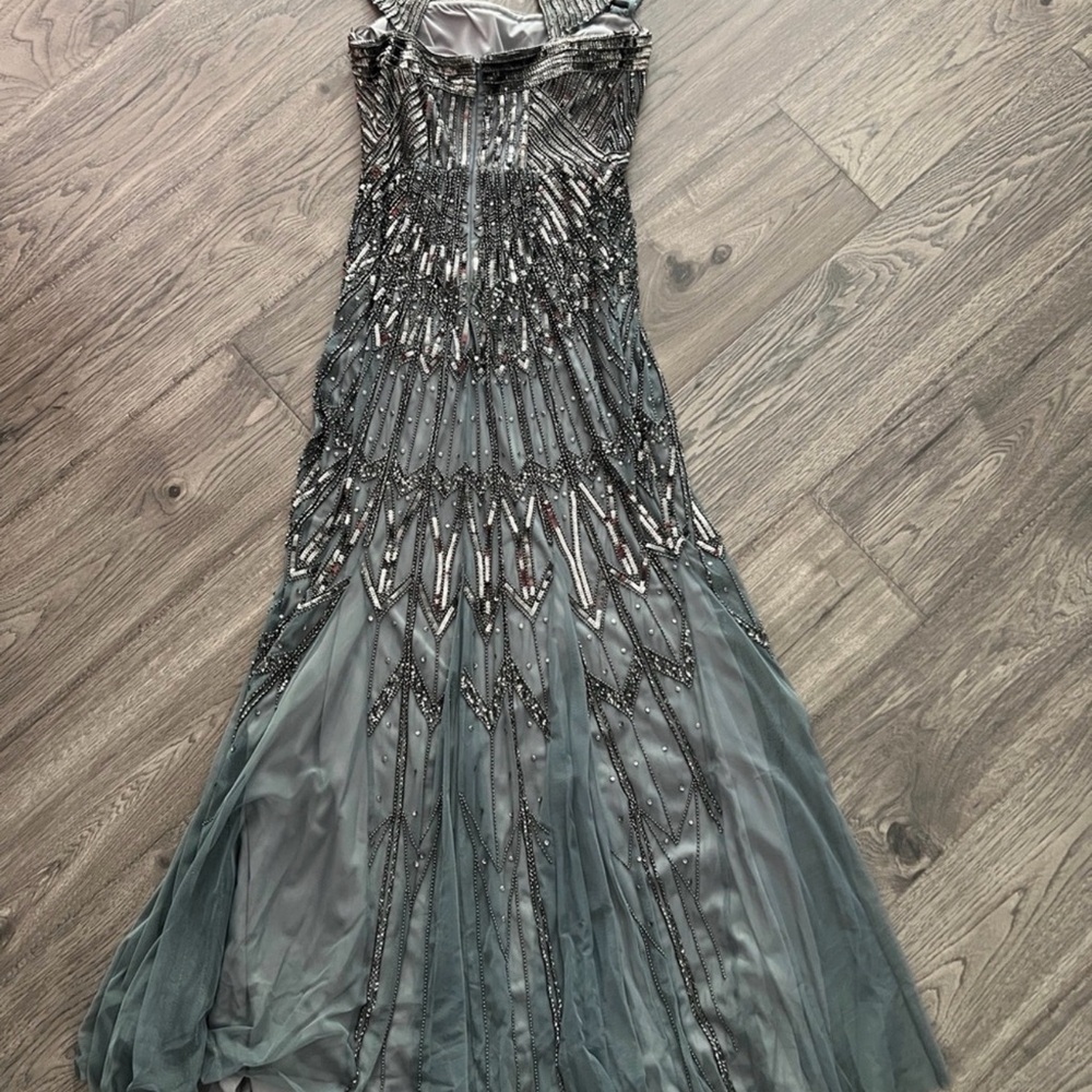 Adrianna Papell Beaded Halter Gown in Dusty Teal and Silver - Picture 5 of 9